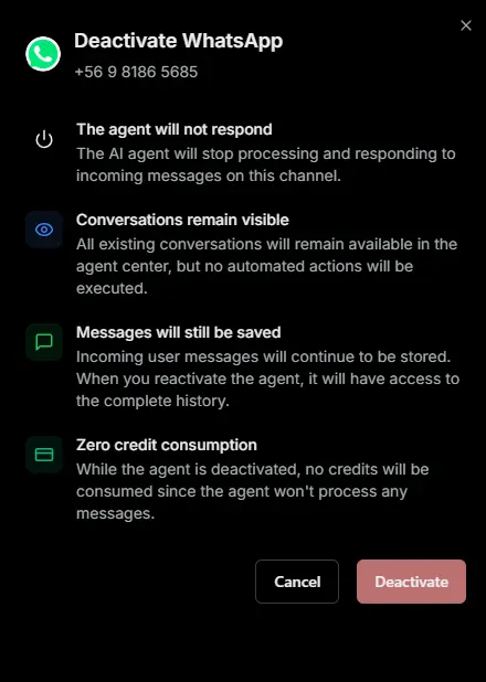 Deactivate the agent's WhatsApp channel — preview of the toggle and its impact