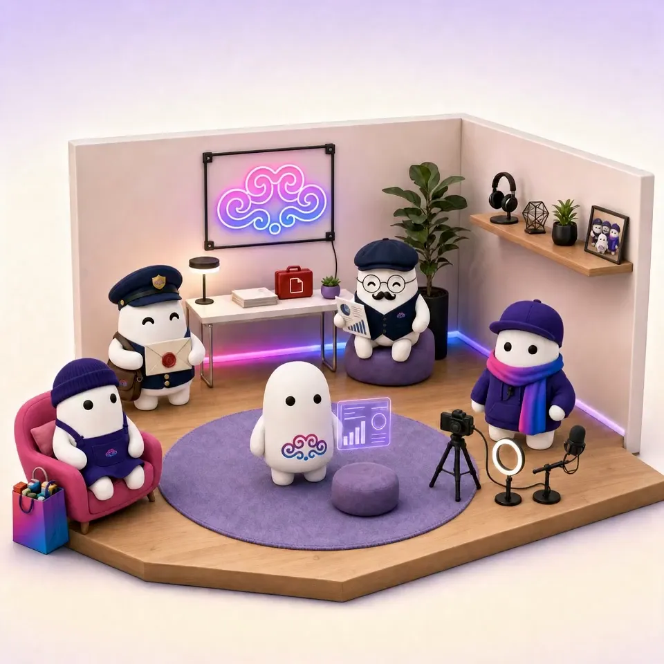 The Nirvai team of AI agents working in a chill studio room