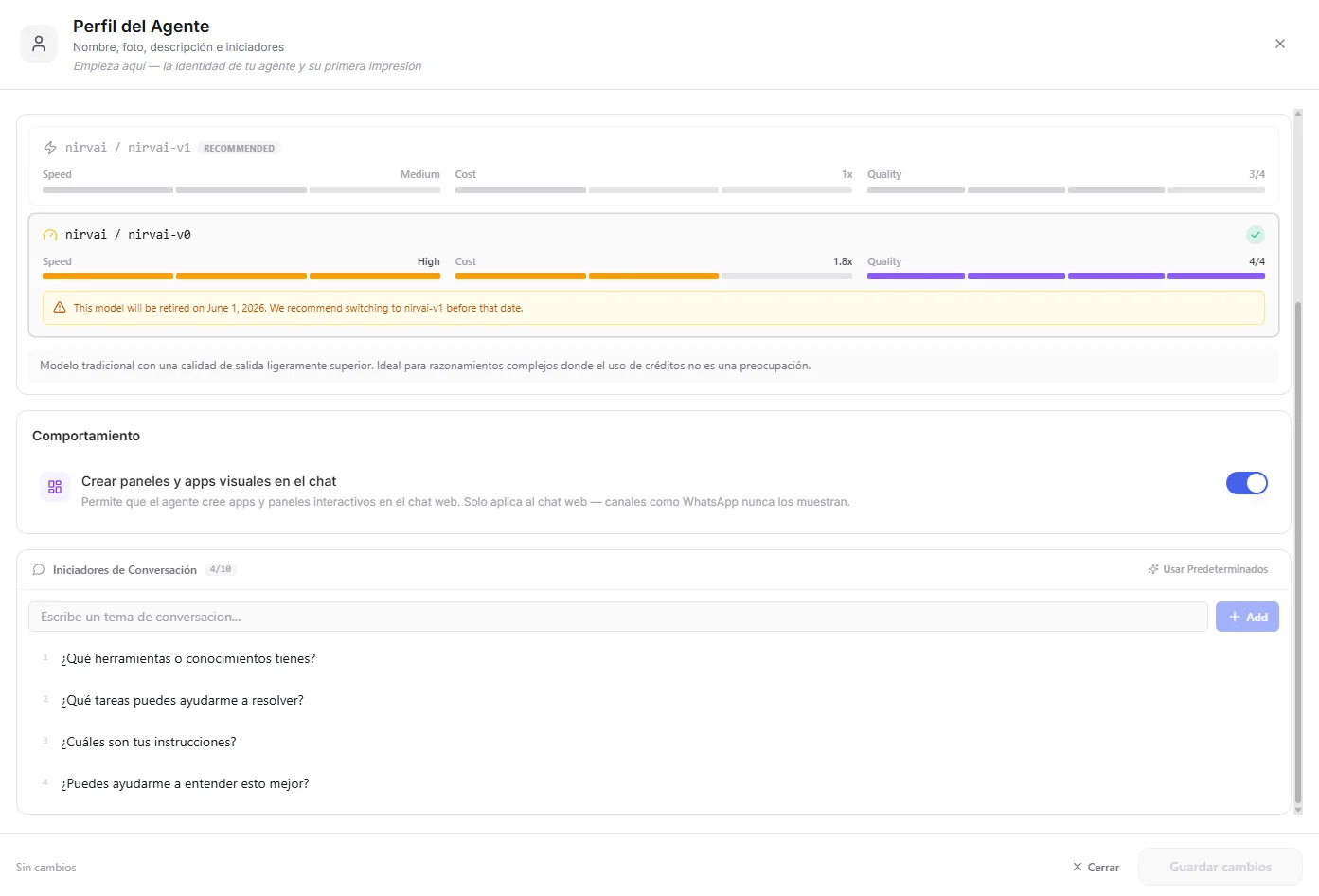 The Behavior and Conversation Starters sections in the Profile panel