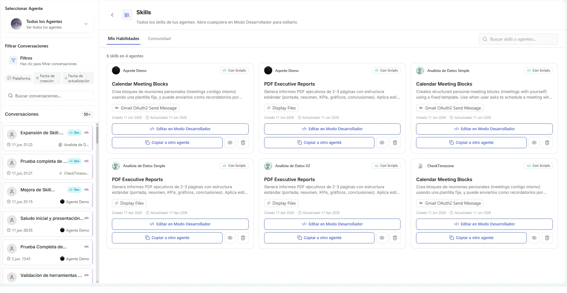 La página de Skills de toda la cuenta mostrando todos los skills de todos tus agentes en una sola cuadrícula, cada tarjeta etiquetada con el agente al que pertenece