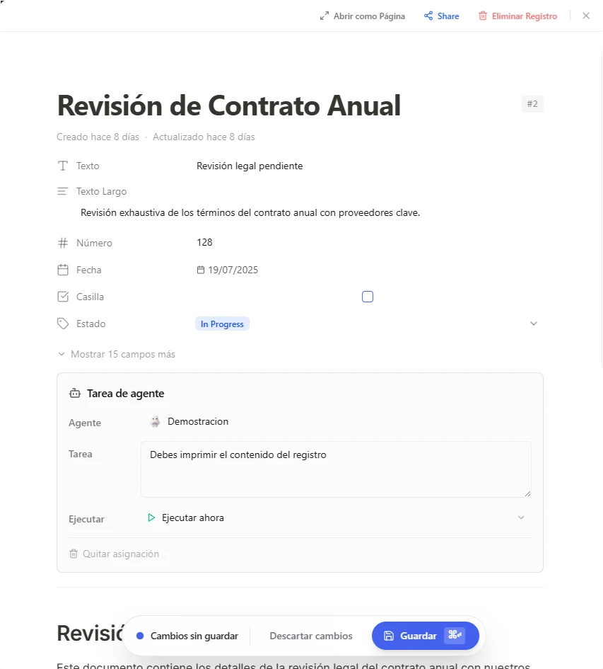 Tarjeta de Tarea de Agente de un registro con un agente elegido, una instrucción escrita y Ejecutar configurado para correr ahora