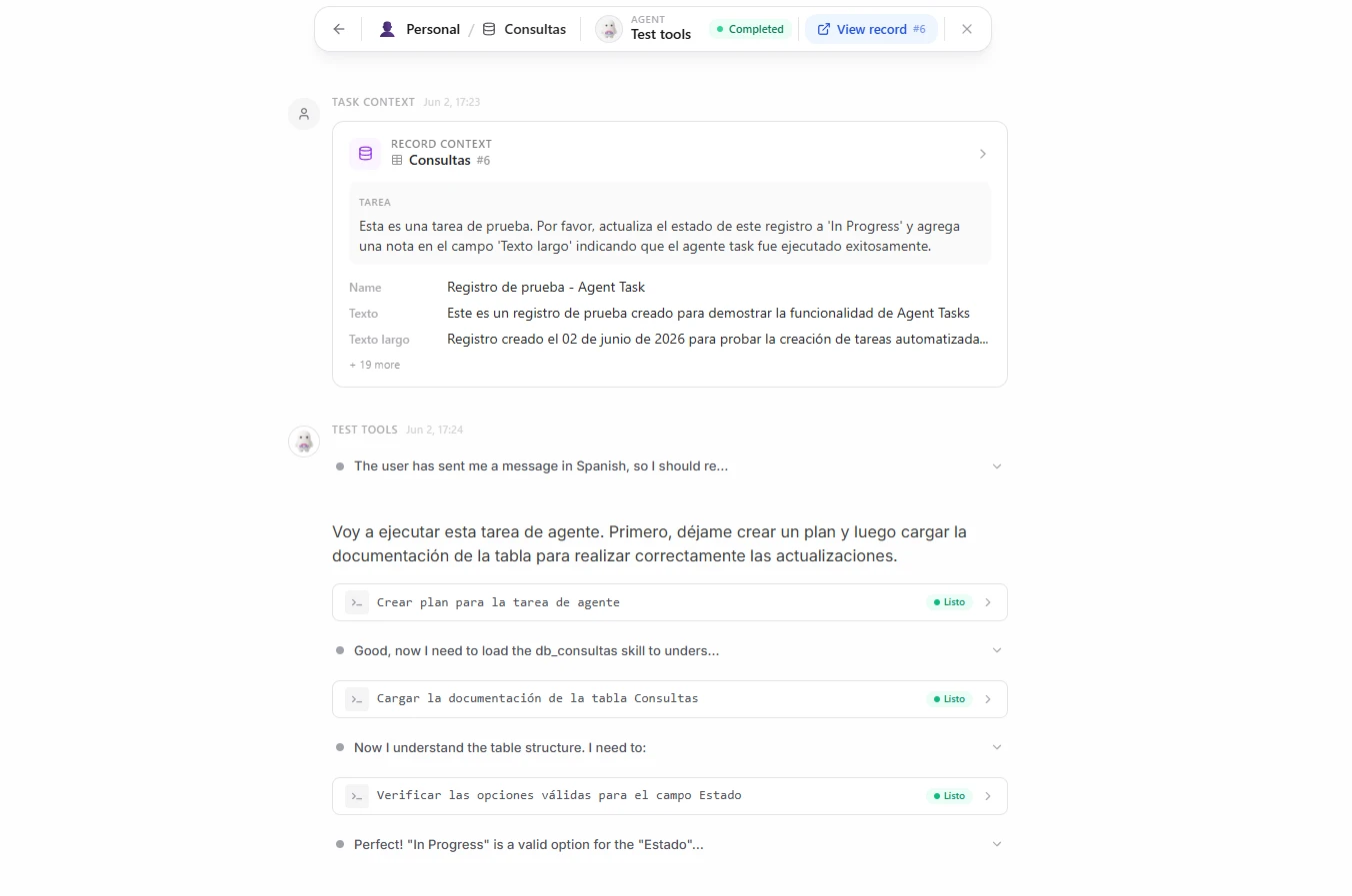 Cuadro de diálogo del registro de ejecución del agente mostrando el contexto de la tarea y el razonamiento del agente