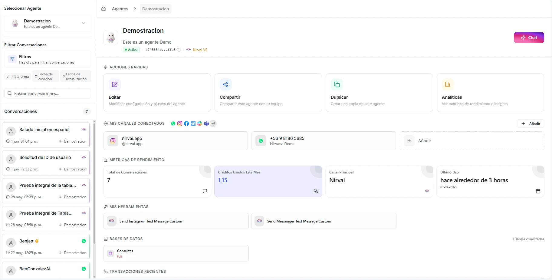 La pagina de detalle del agente mostrando la configuracion completa del agente