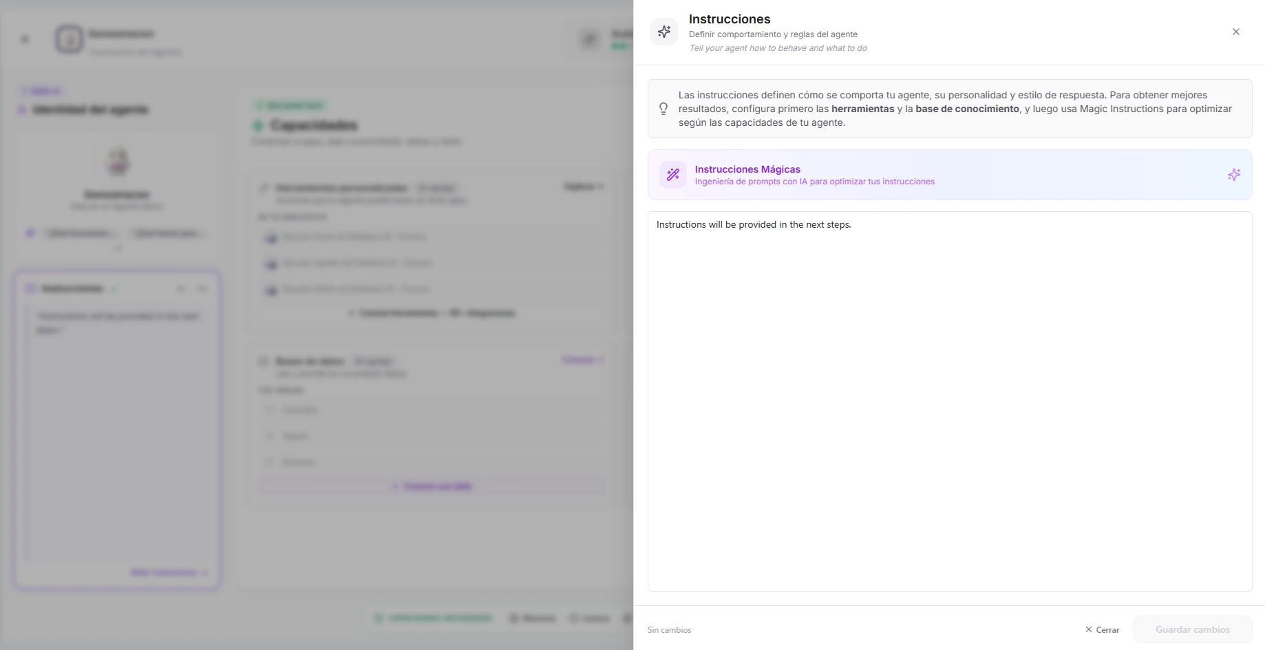The instructions panel with a text editor and example instructions