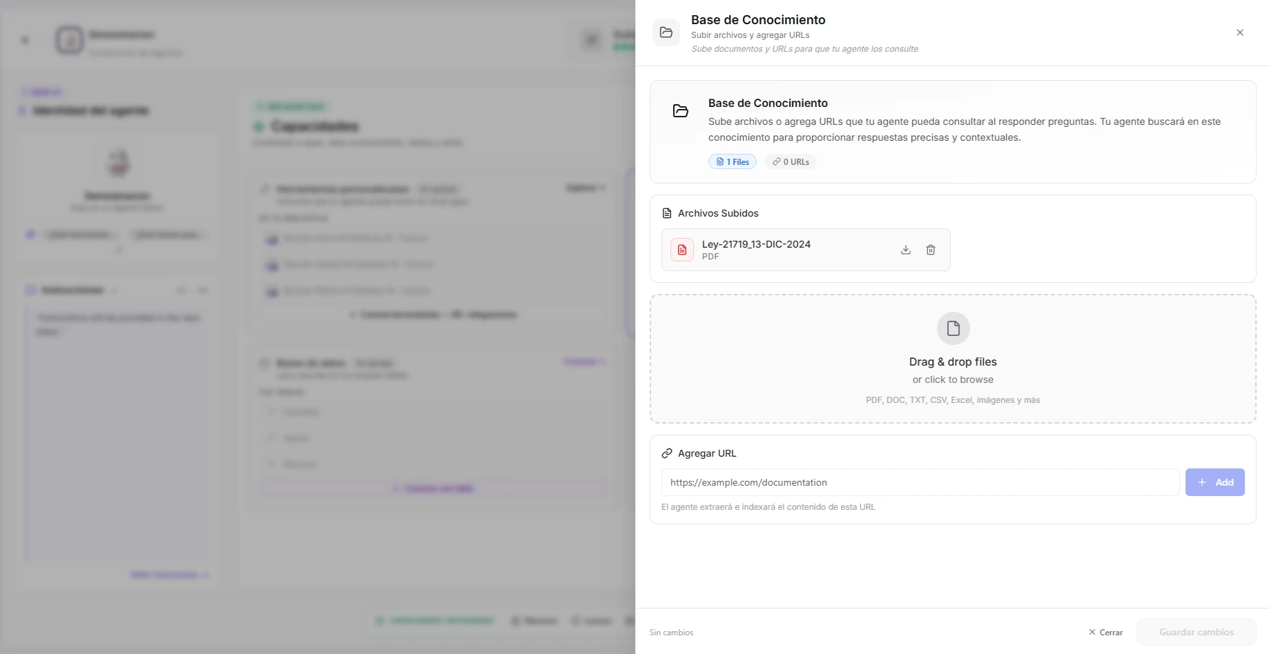 The knowledge panel showing uploaded files with processing status
