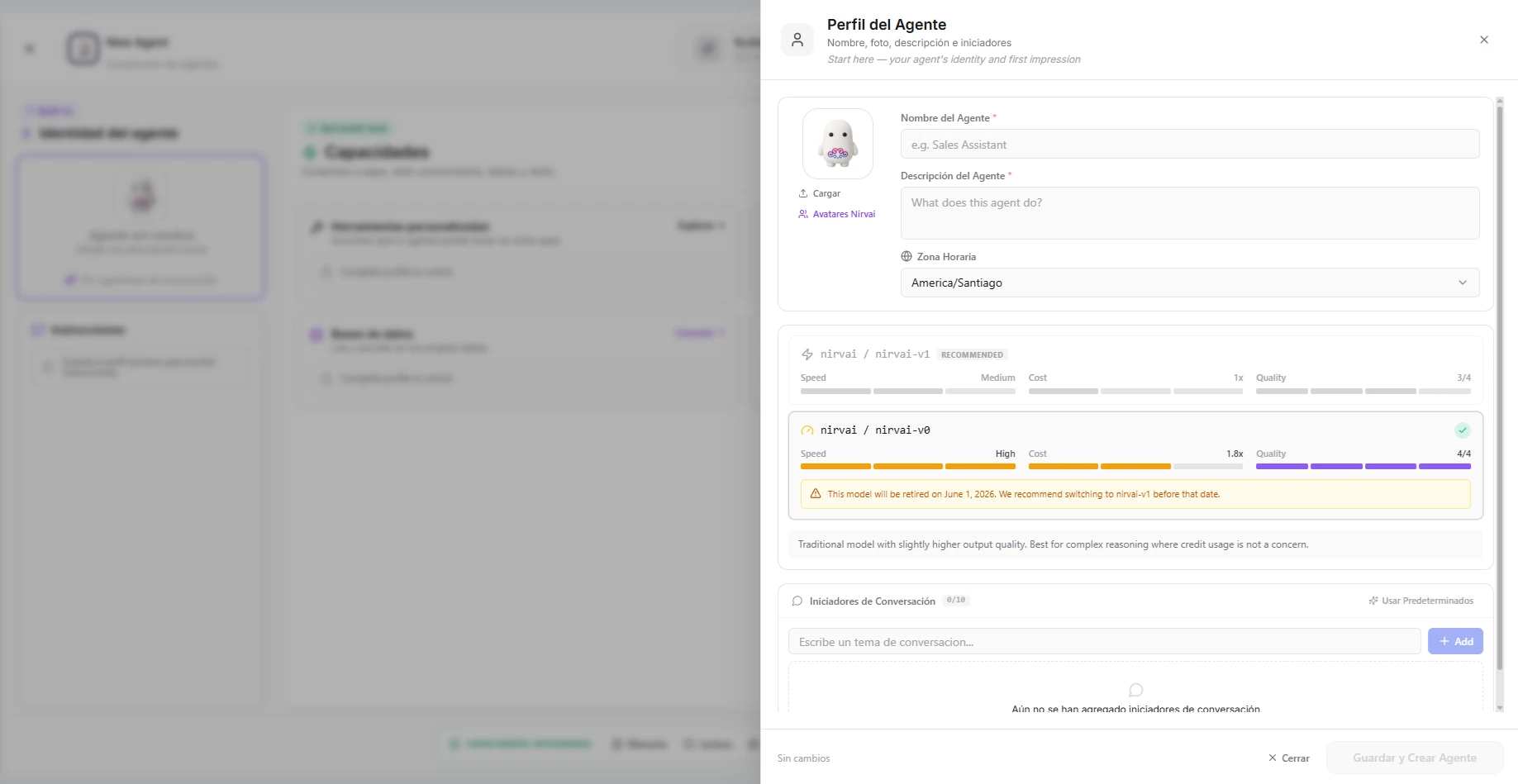 The profile step showing name, description, and avatar fields on the creation canvas