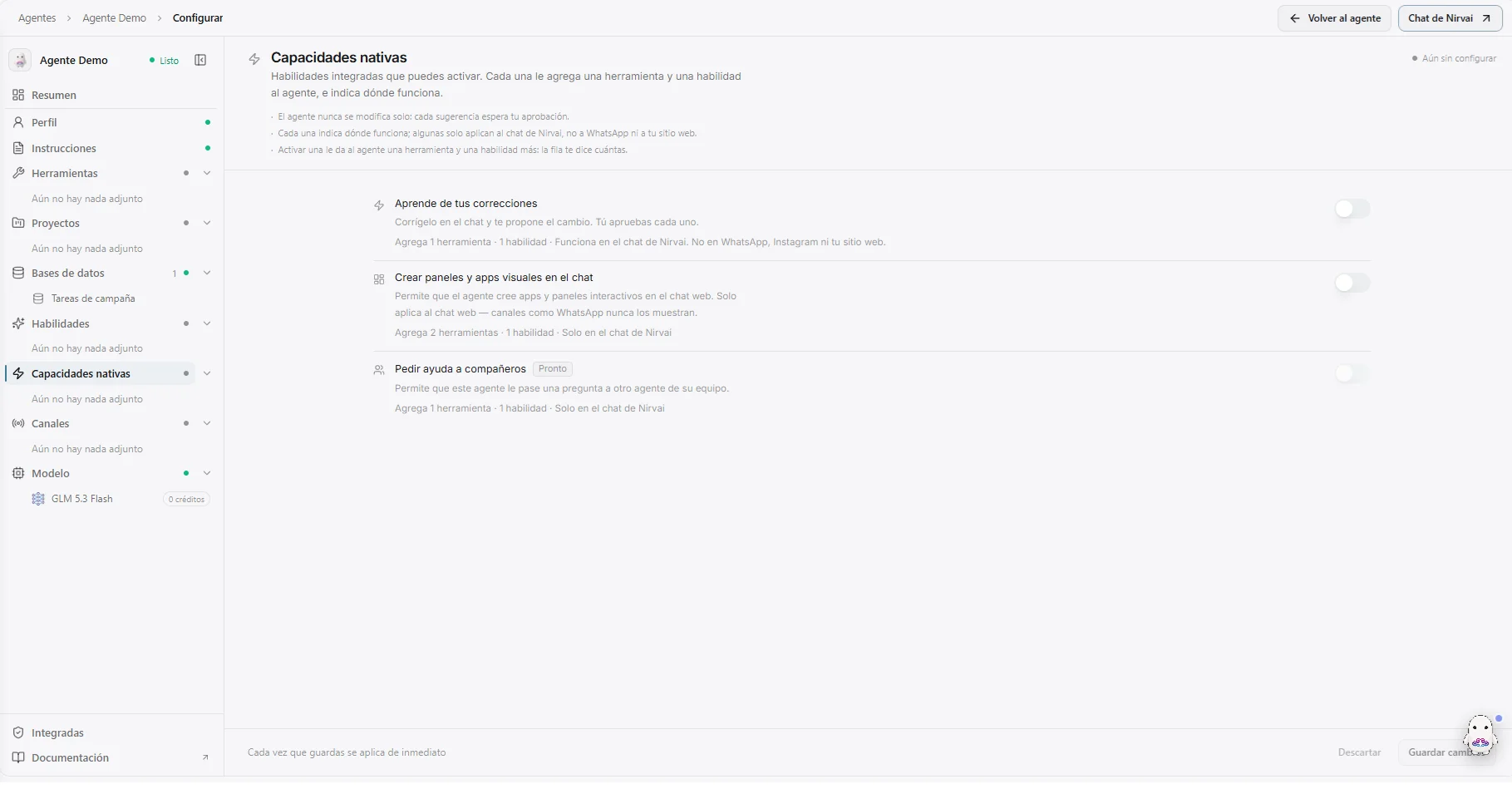 The Native capabilities section: each ability with a switch, what it adds and where it works
