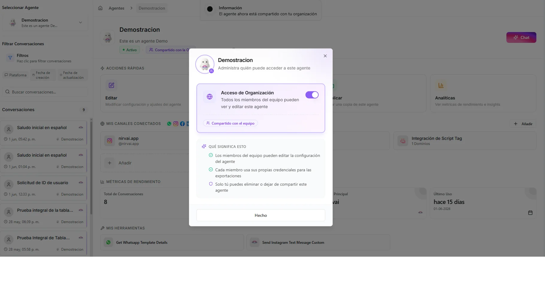 El cuadro de Compartir con el Acceso de la organización activado, mostrando el estado "Compartido con el equipo" y lo que significa