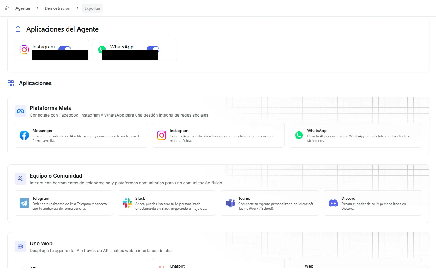 The channel export view showing available platforms organized by category