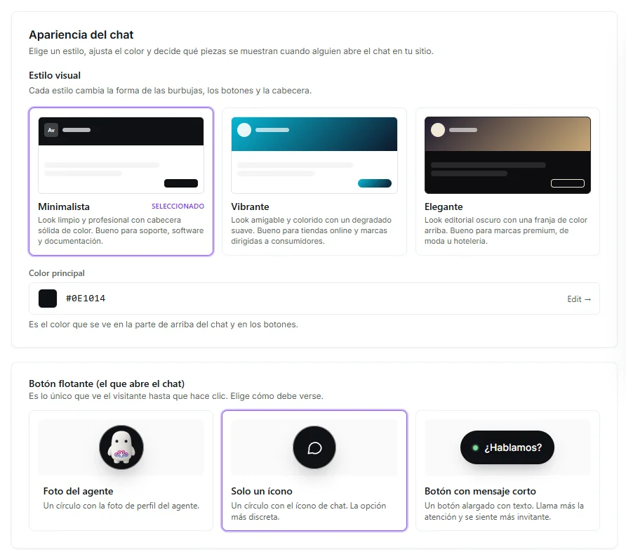 Theme picker and launcher button selector in the chatbot configurator
