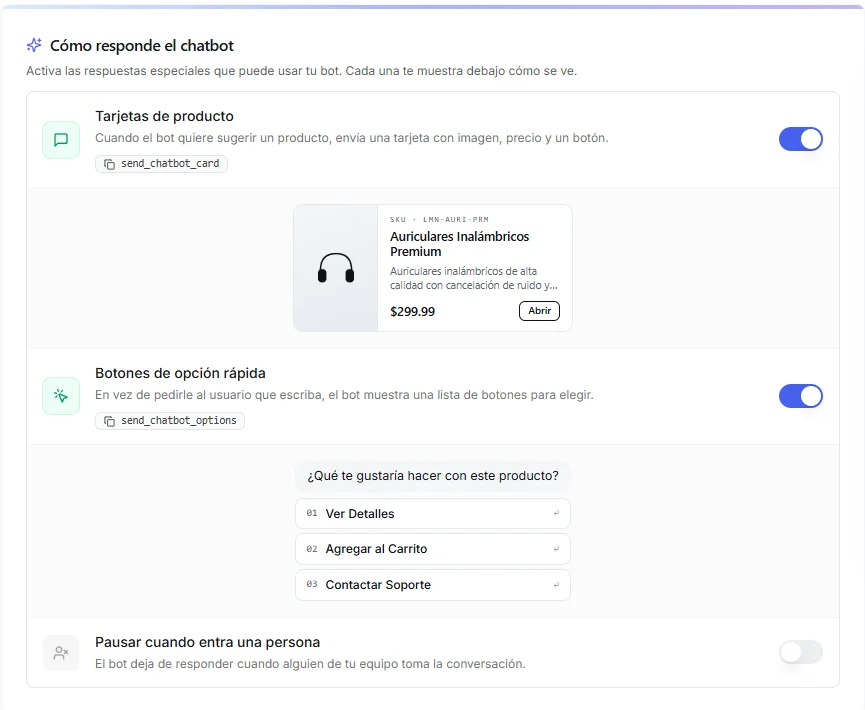 Special response toggles: product cards, quick option buttons, and pause when a human joins