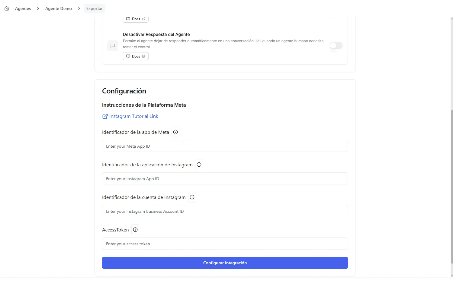 Instagram manual configuration form
