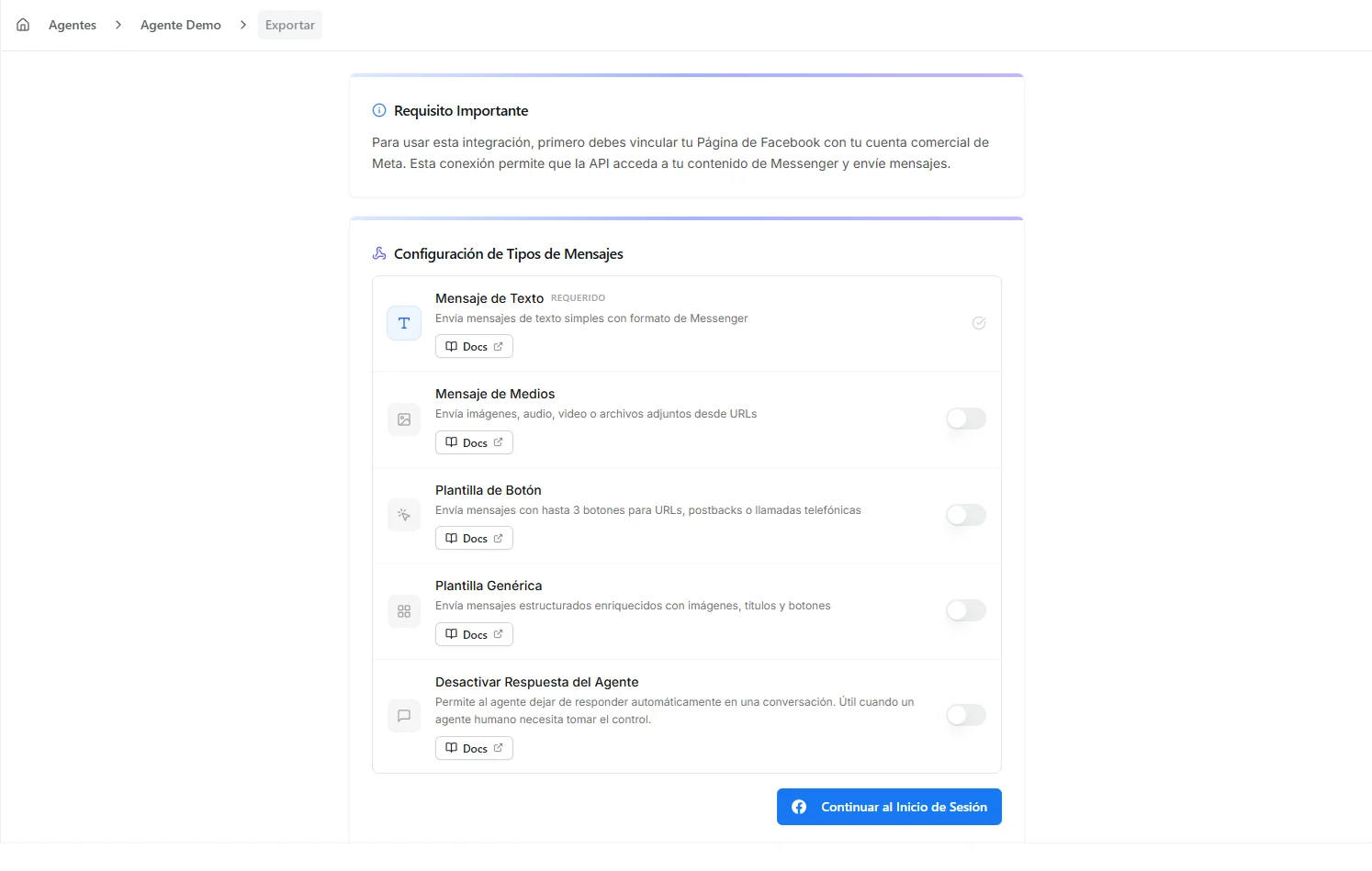 Messenger Business App setup with page selection