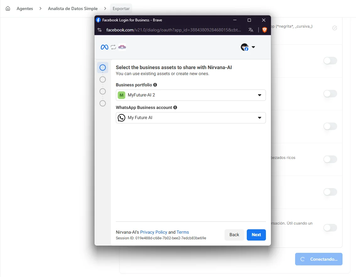 WhatsApp Business App setup flow with Facebook Login popup