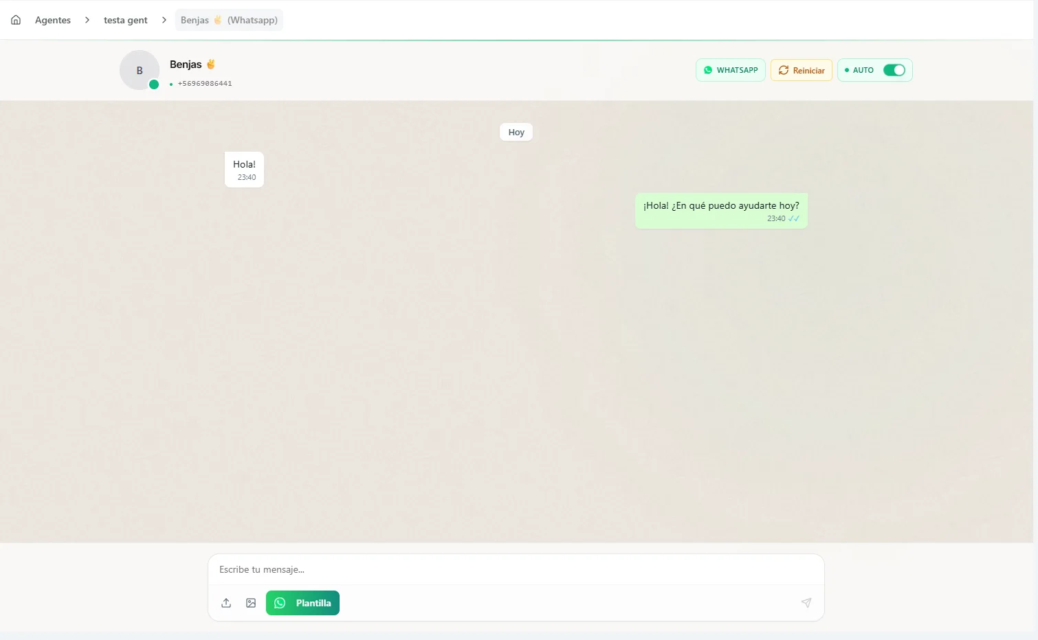 WhatsApp Chat View showing conversations and the agent toggle