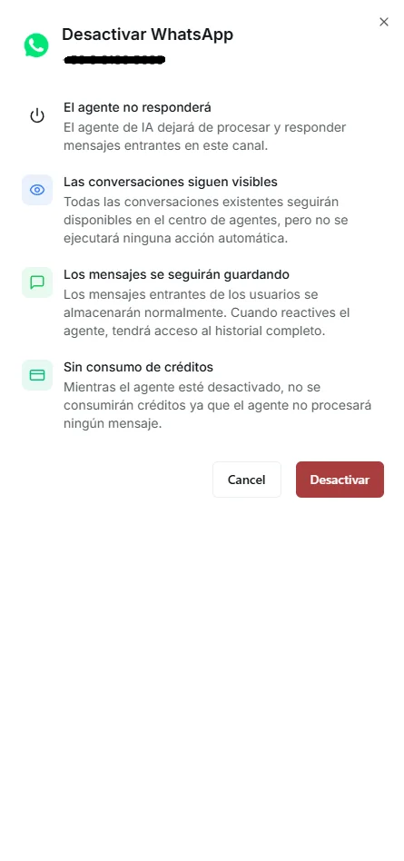 WhatsApp channel deactivation toggle and confirmation drawer