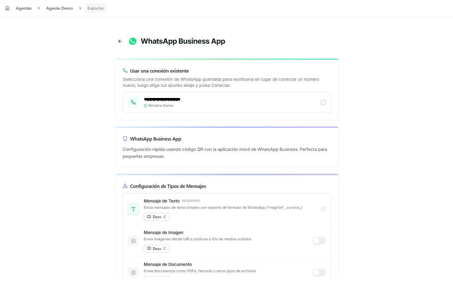 The "Use an existing connection" picker in the WhatsApp Business App setup, listing a saved WhatsApp number you can reuse
