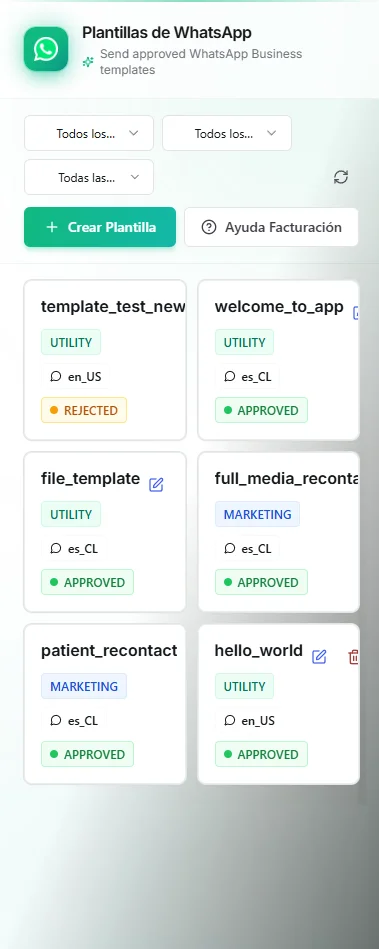 WhatsApp template picker showing approved templates with parameter fields