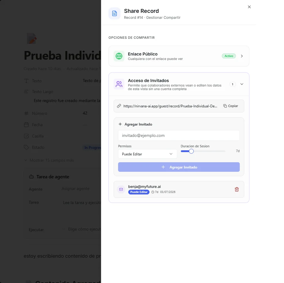 Record share dialog with public link and guest invitation options