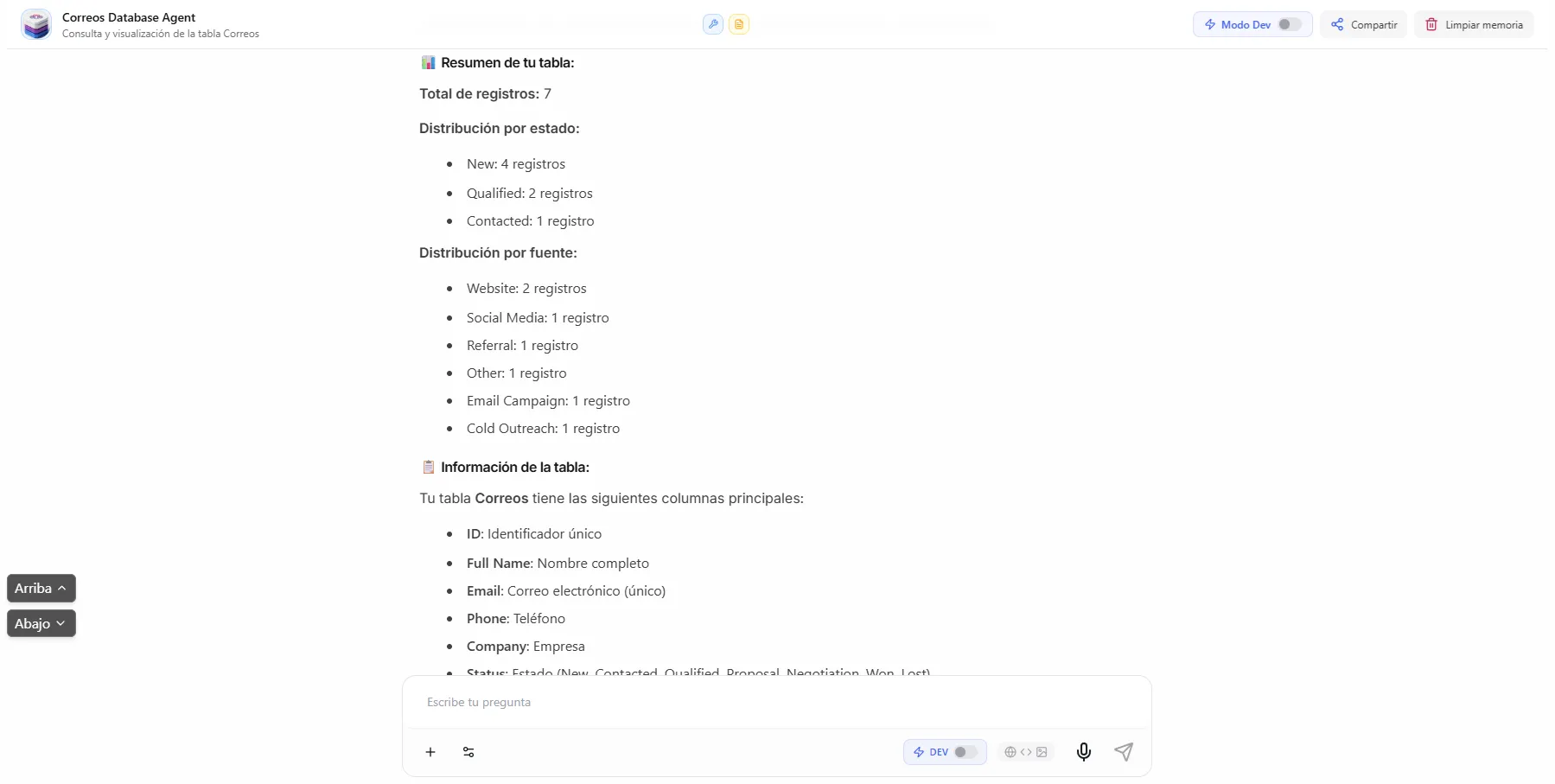 Agent working with a database in chat, showing the results it found