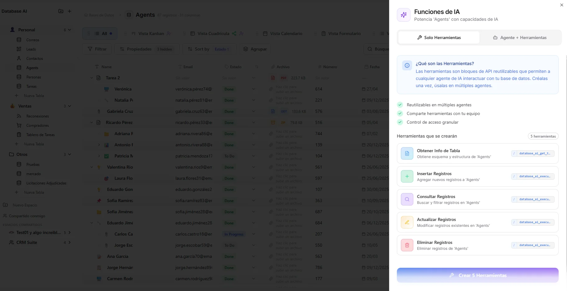 Creating AI tools for a database from the header menu