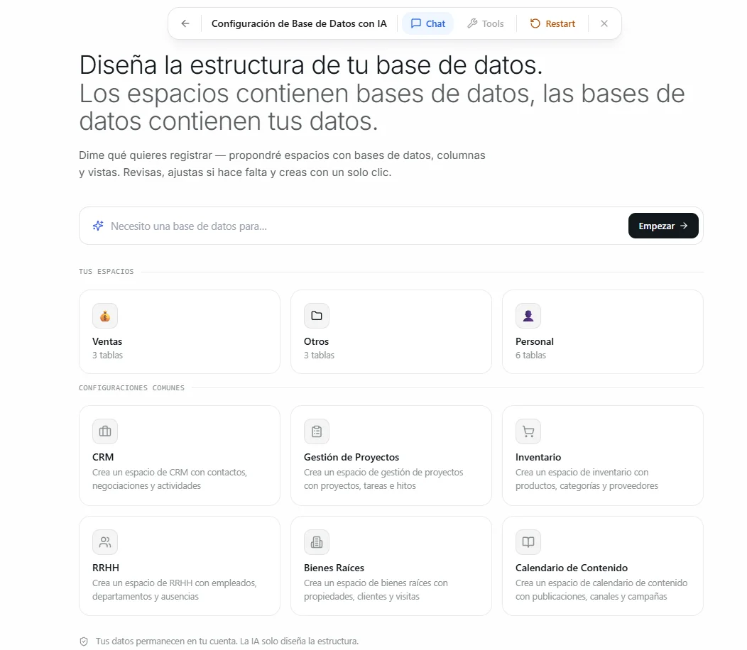La página de Configuración de Bases de Datos con IA mostrando una conversación con la IA y una vista previa de la estructura