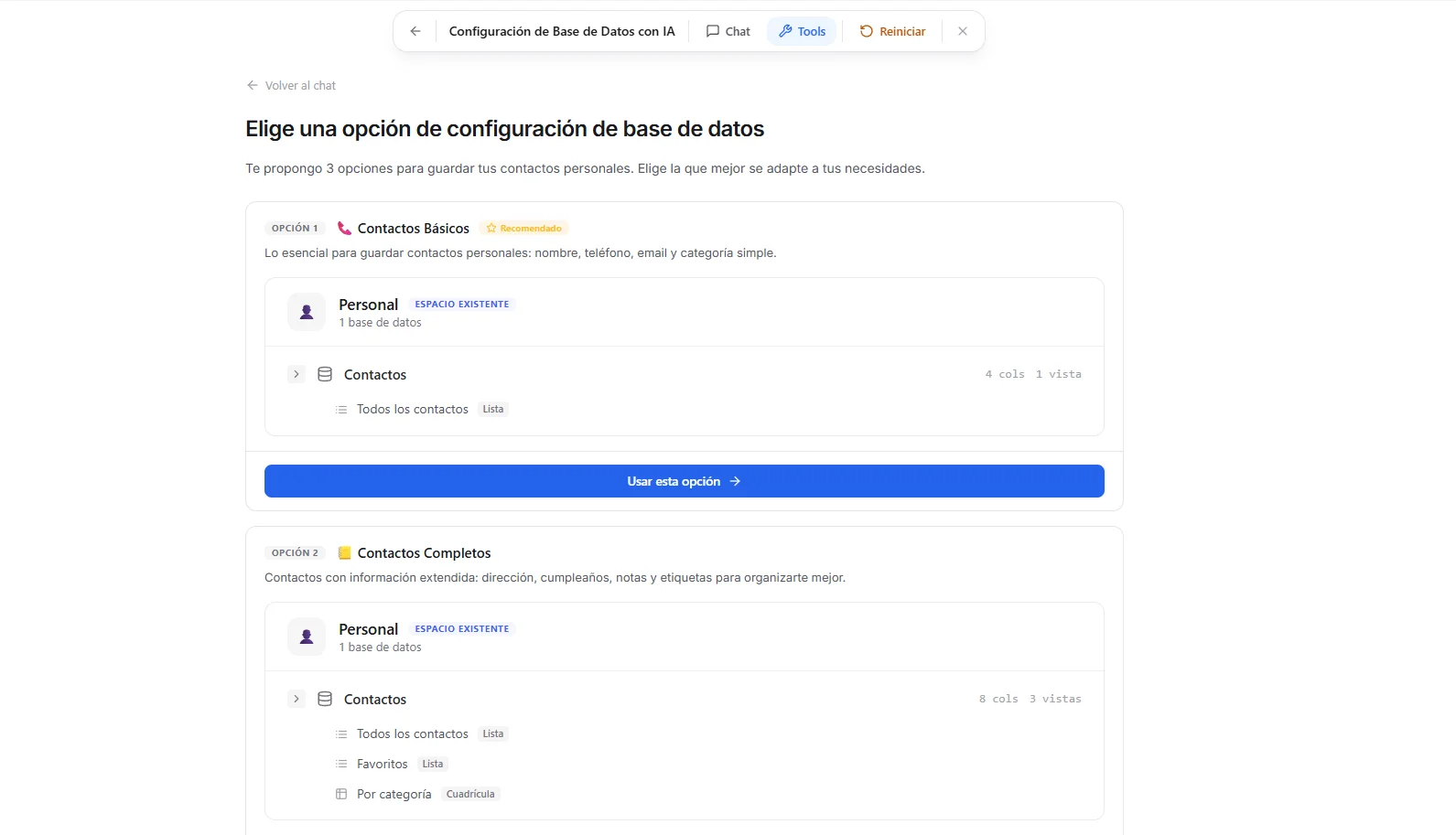 Tres opciones de propuesta con vistas previas de estructura y ventajas/desventajas