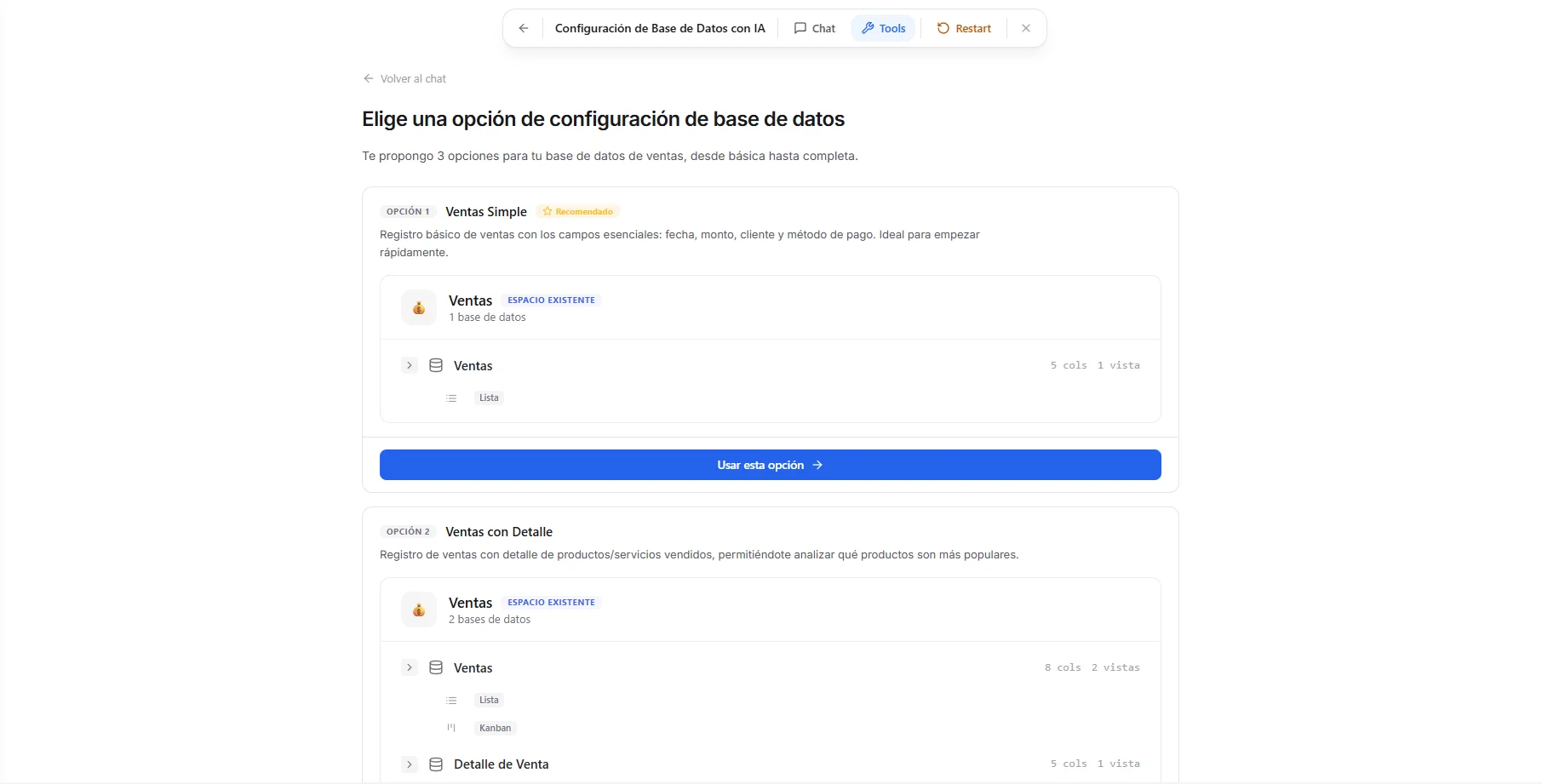 Hacer clic en la tarjeta de Configuración con IA e ingresar una descripción