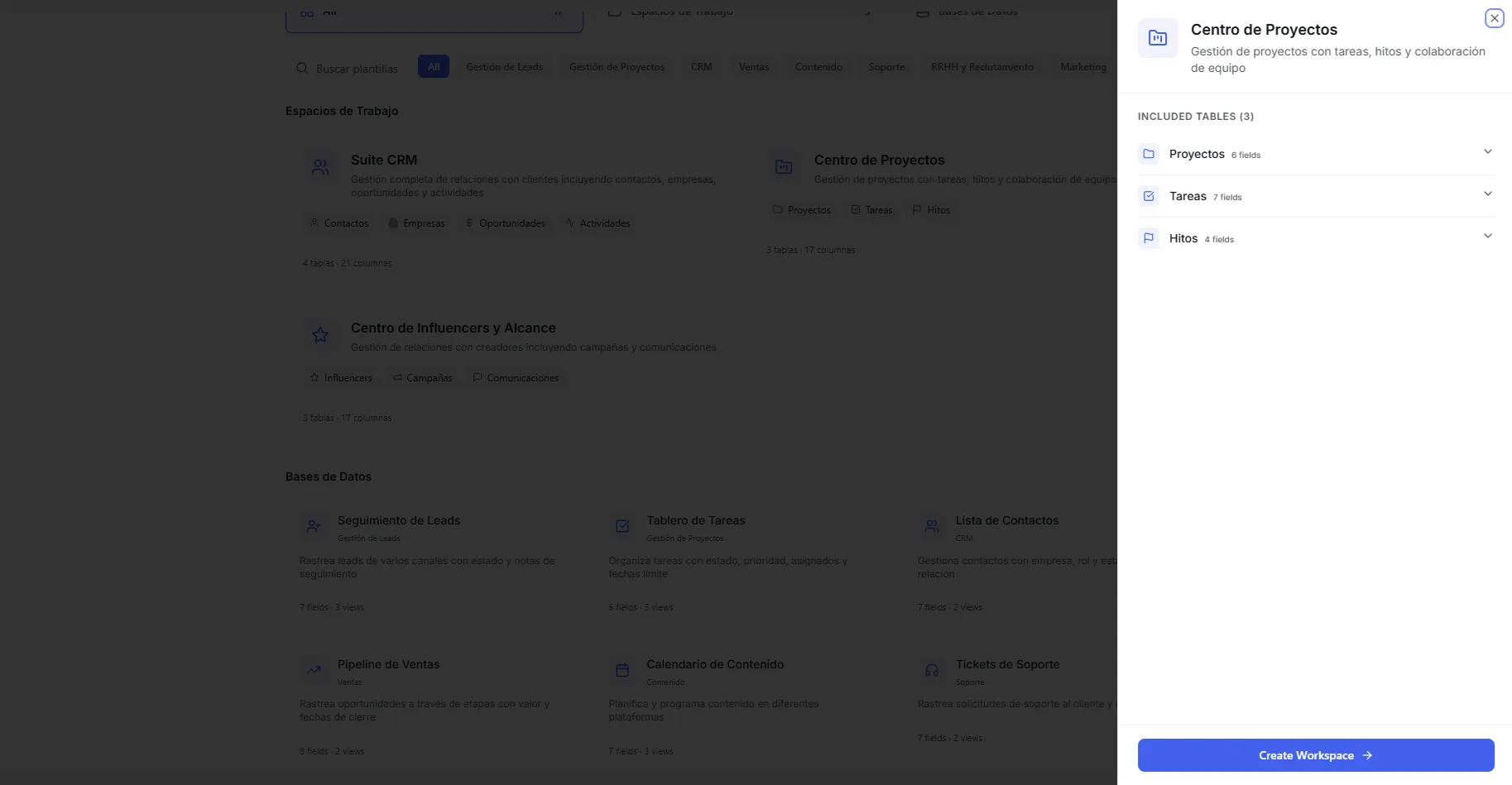 A template card showing column pills, view count, and a featured badge