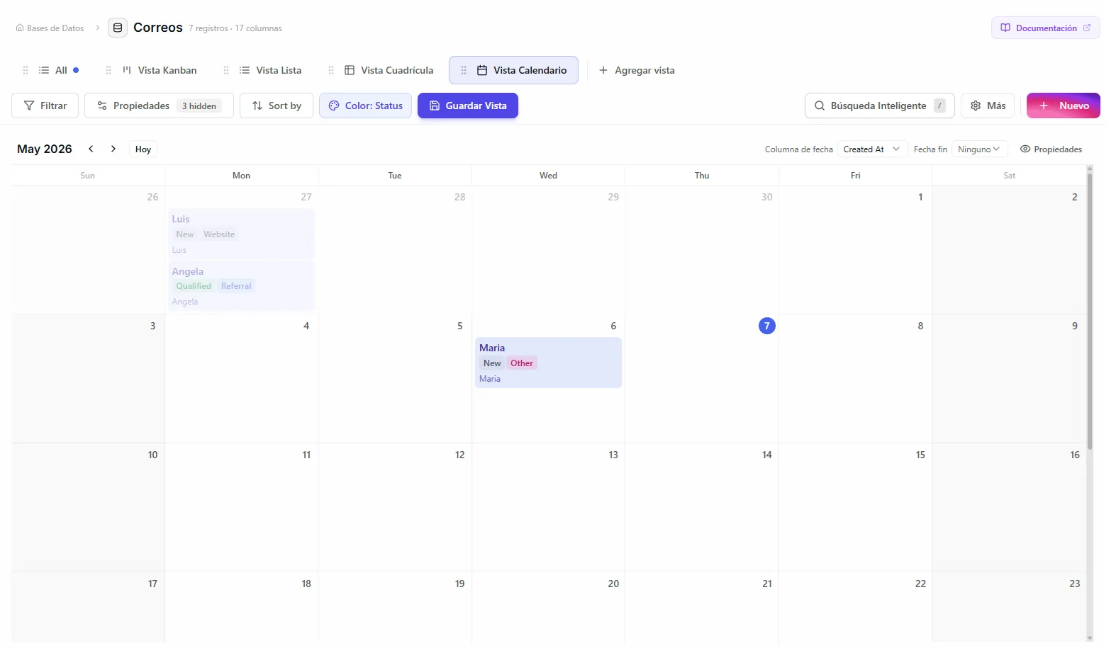 Calendar toolbar showing date column and color column configuration