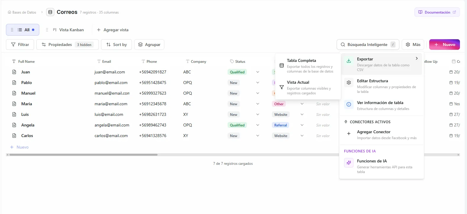 Export menu showing CSV export options