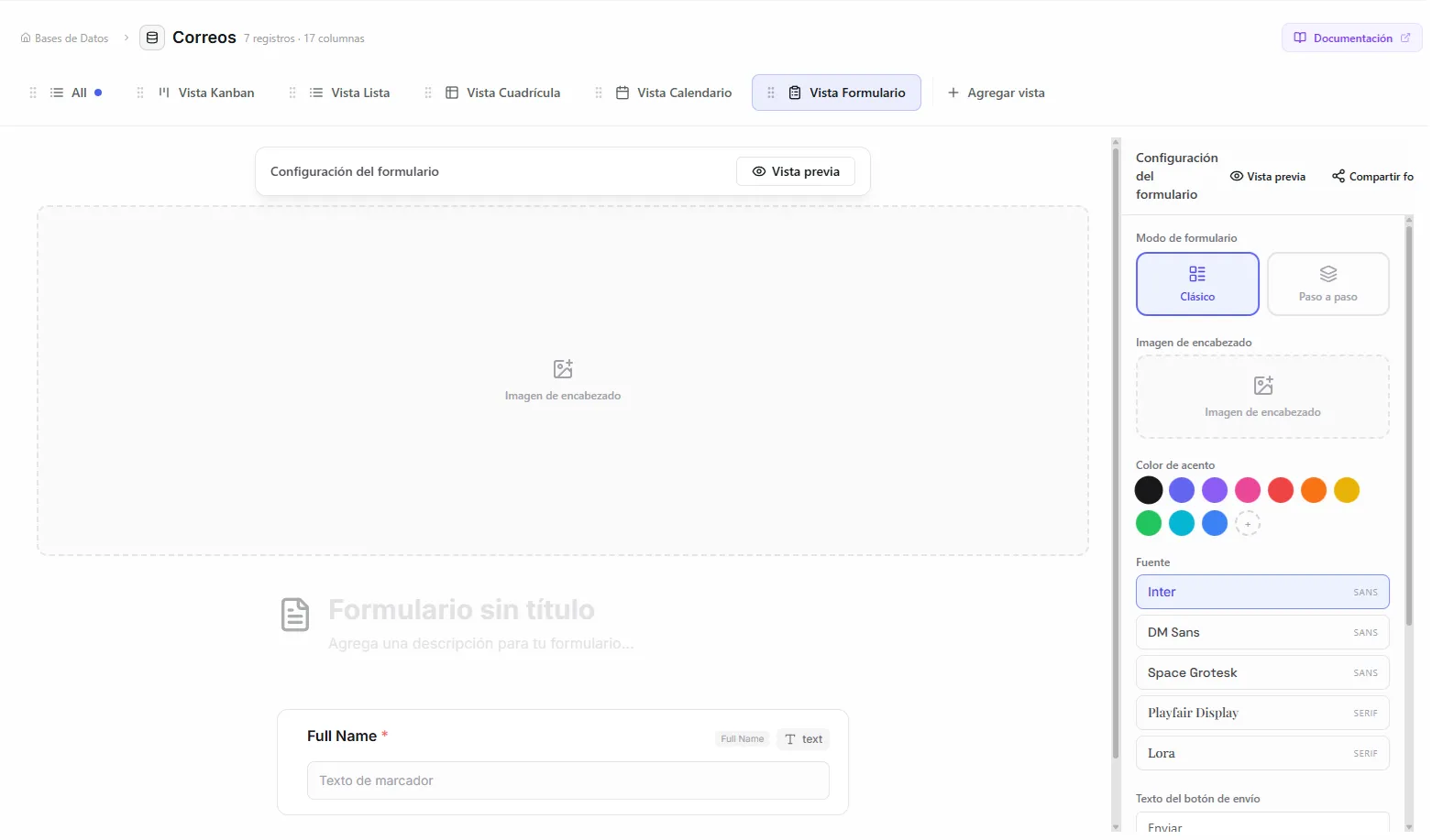 Form builder interface showing the classic mode preview