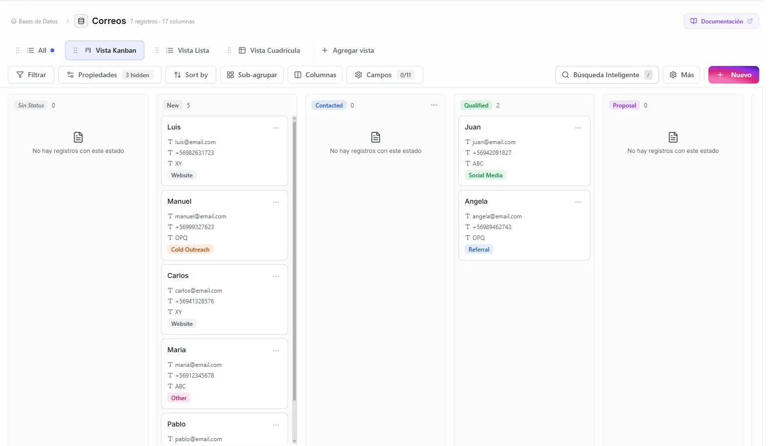 Kanban board with records organized by status columns