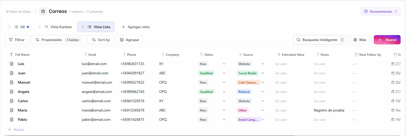 List view showing records with titles and preview information