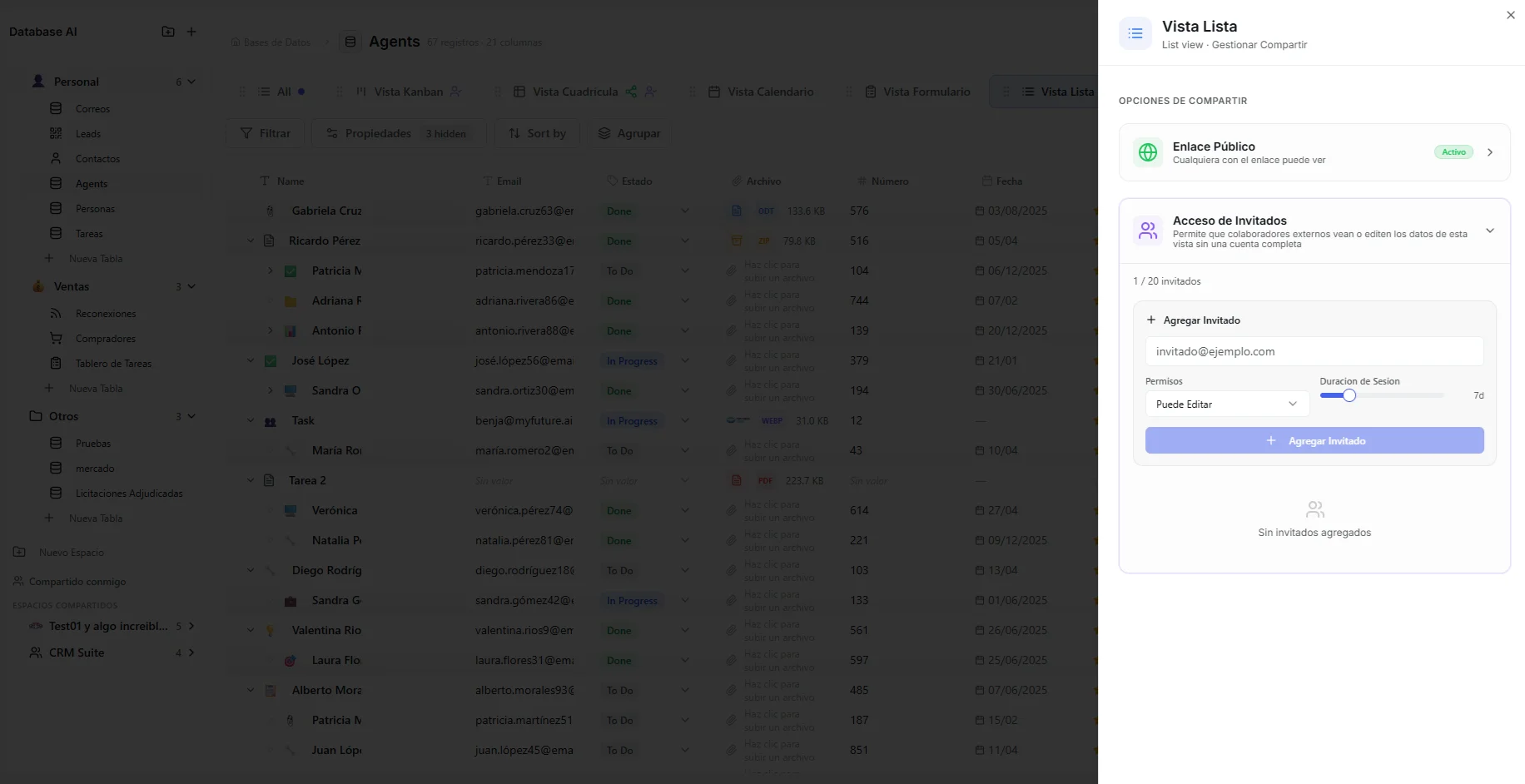 Guest access section in the share window, with email box and permission settings