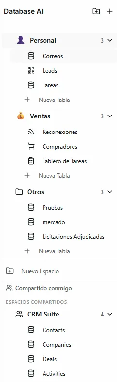 Sidebar showing the "Shared with me" section with shared spaces and databases