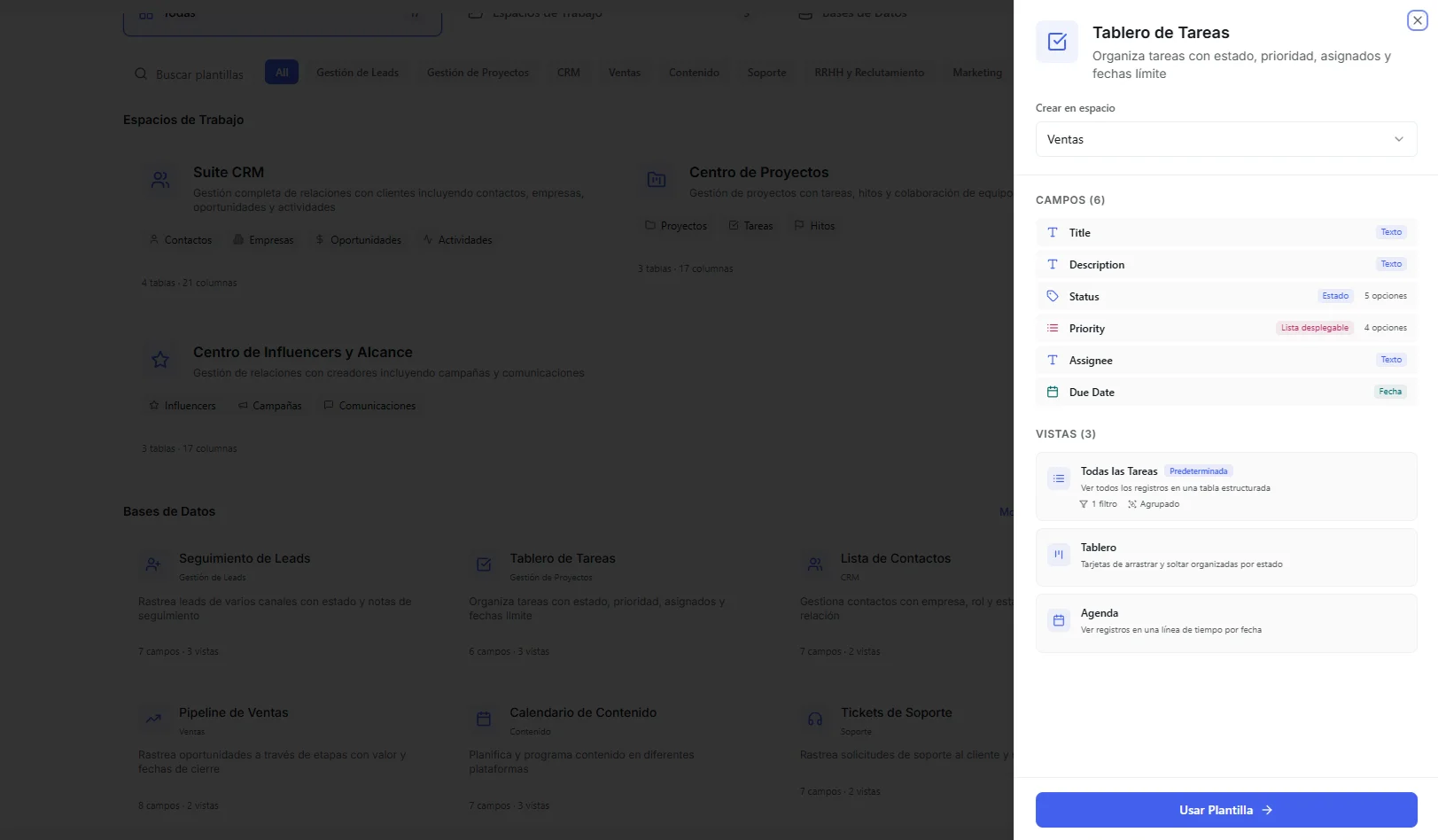 Selecting a space and clicking Use Template to create a database from a template