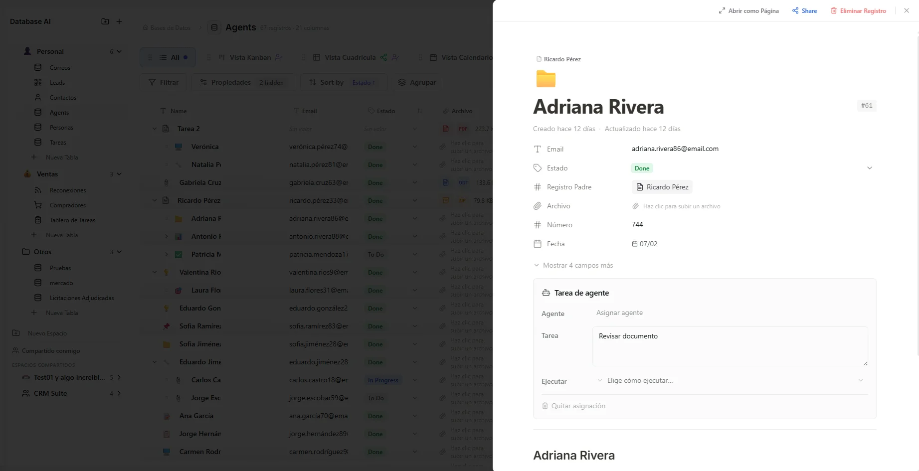 Record detail drawer showing icon, title, properties, and rich content editor