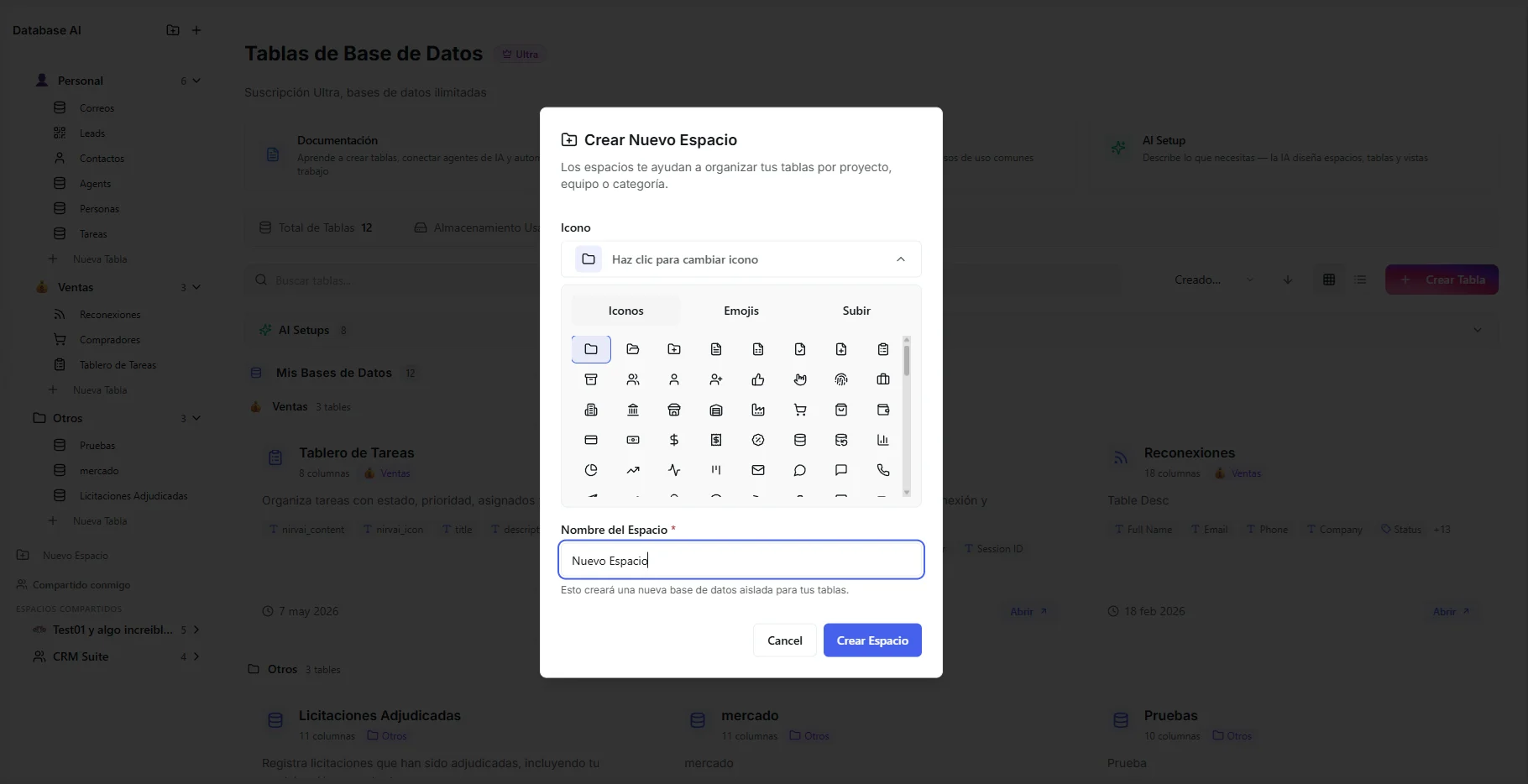 Creating a new space with a name and icon