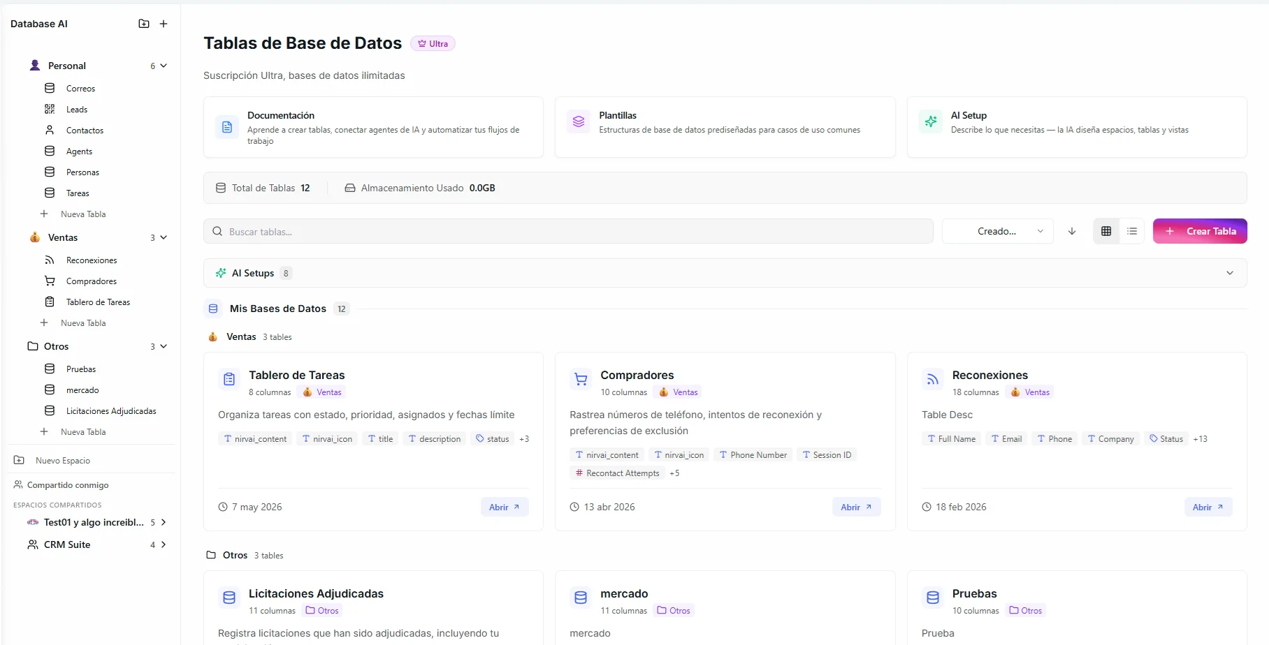The databases sidebar showing multiple spaces with custom icons and nested databases