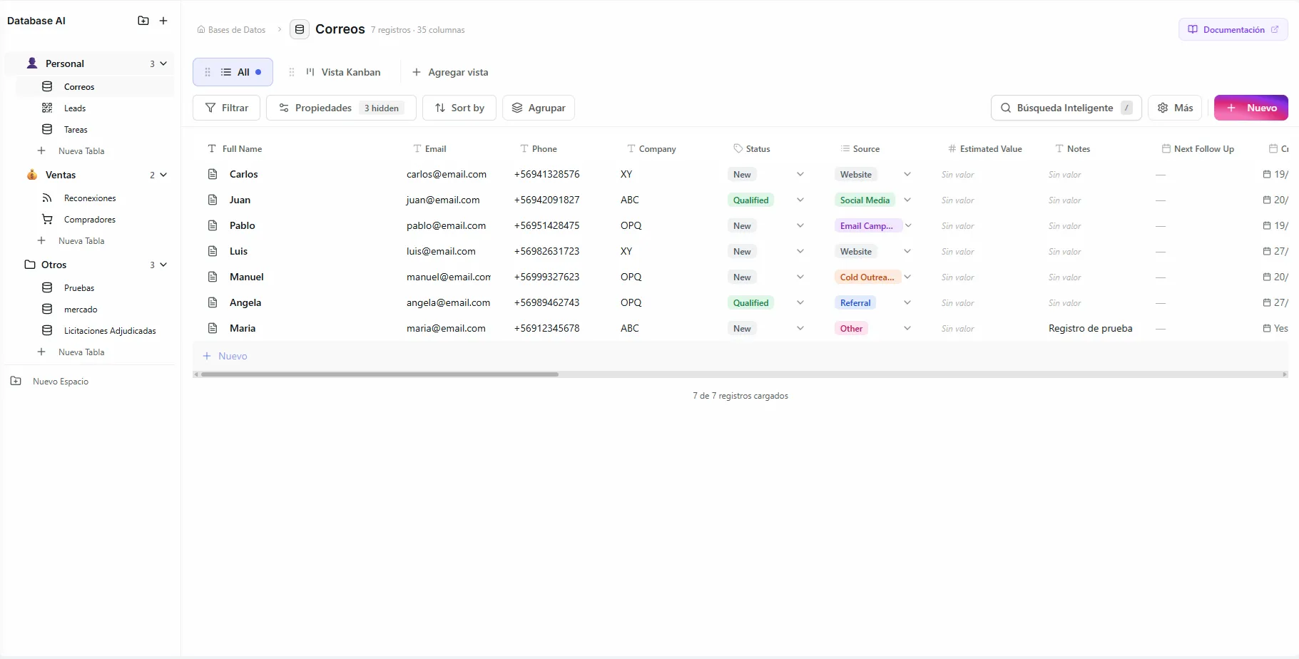 Databases page showing the sidebar with spaces, a grid view, and multiple view tabs