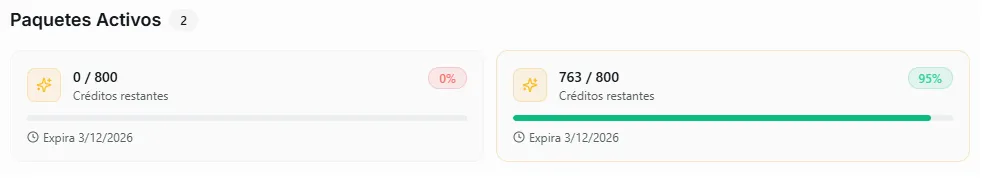 Active credit bundles with progress bars and expiration dates