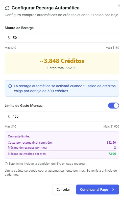 The auto-refill setup dialog with amount and monthly limit options