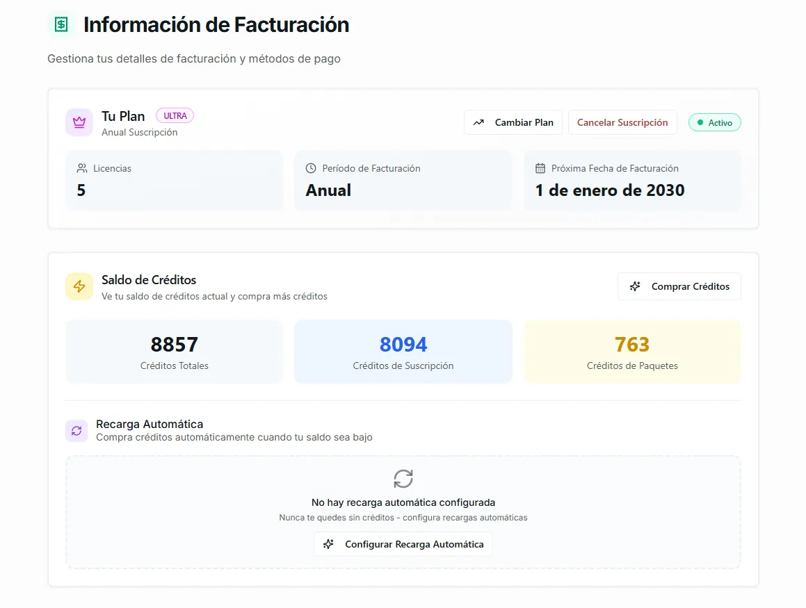 The Billing tab showing subscription details and credit balance