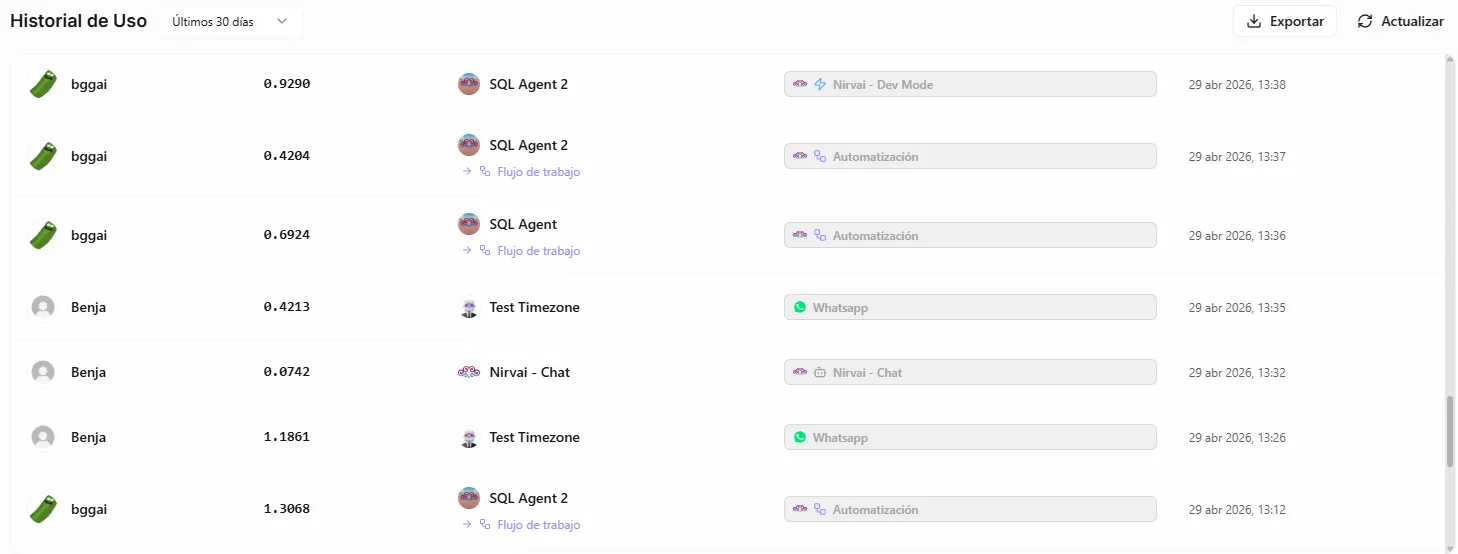 The usage history table showing credit entries with user, source, and category columns