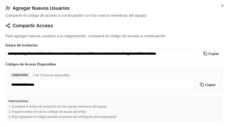 The license code section with copy and share buttons