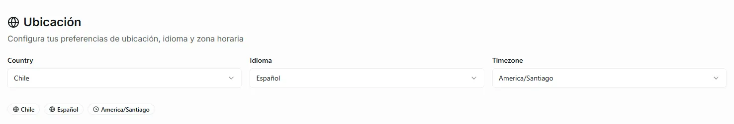 The location settings with country, language, and timezone dropdowns