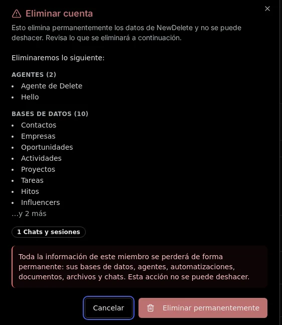 The delete confirmation listing the agents, databases, and content that will be removed