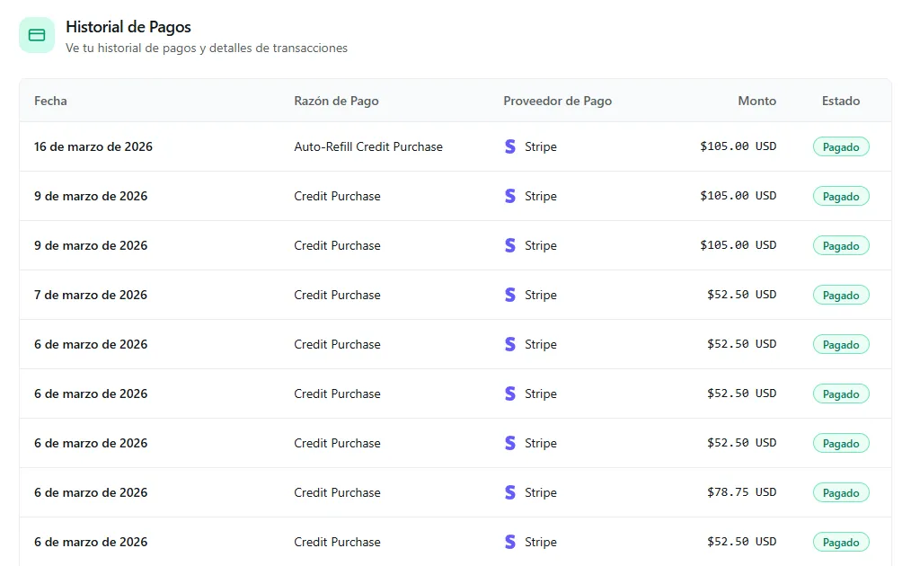 The payment history table showing past transactions