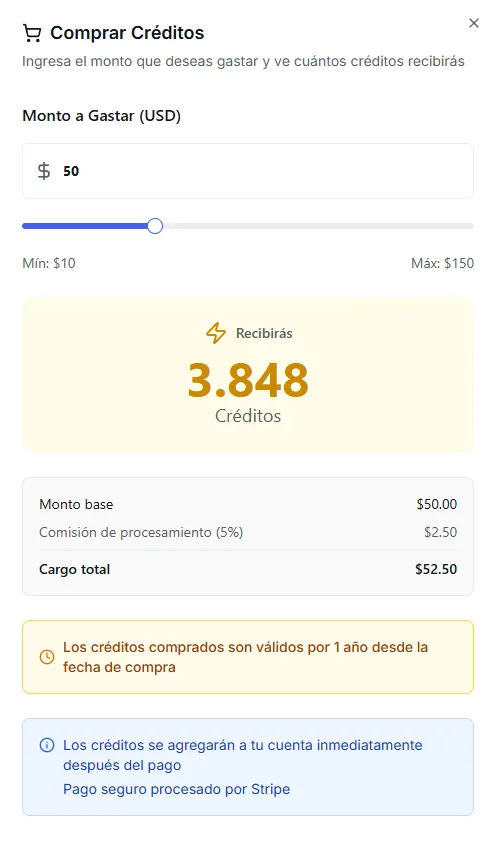 The Buy Credits modal showing the amount slider and credits preview